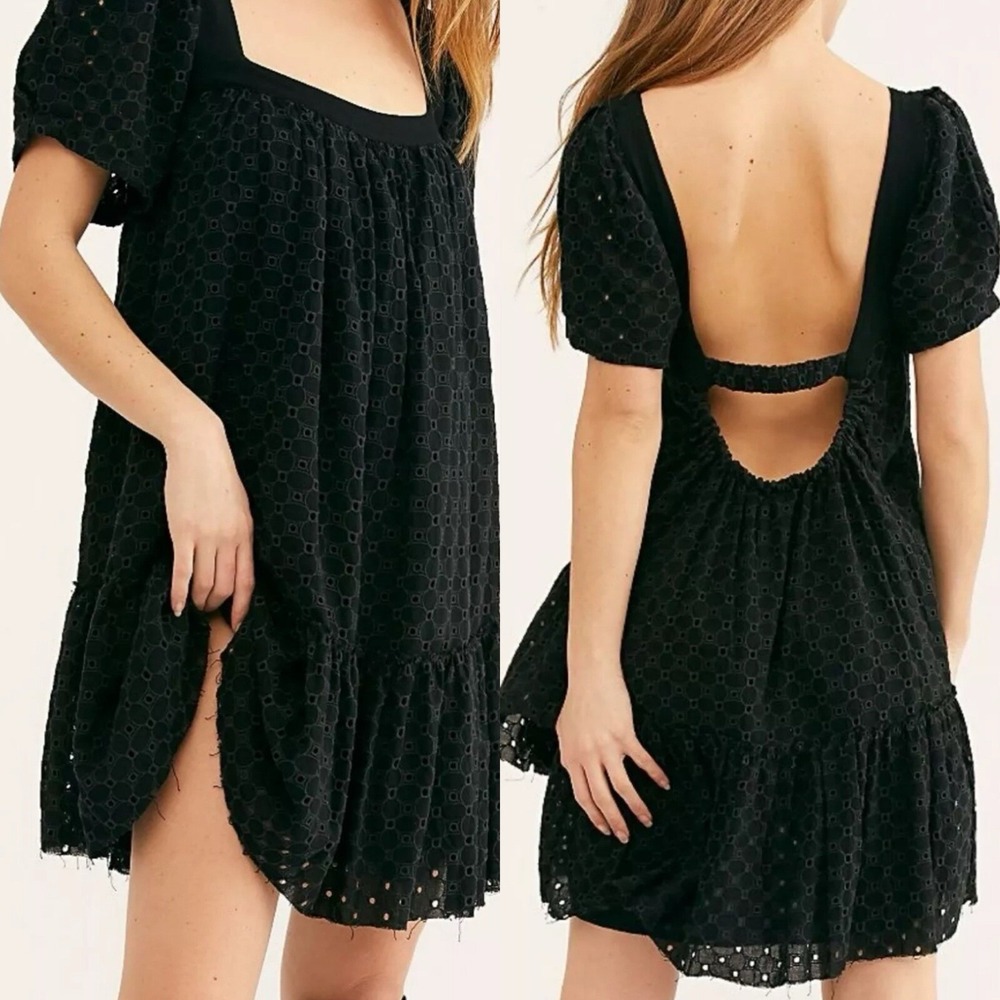 Free People Janie Mini Swing Dress Eyelet Embroidery Open Back Black Boho XS
